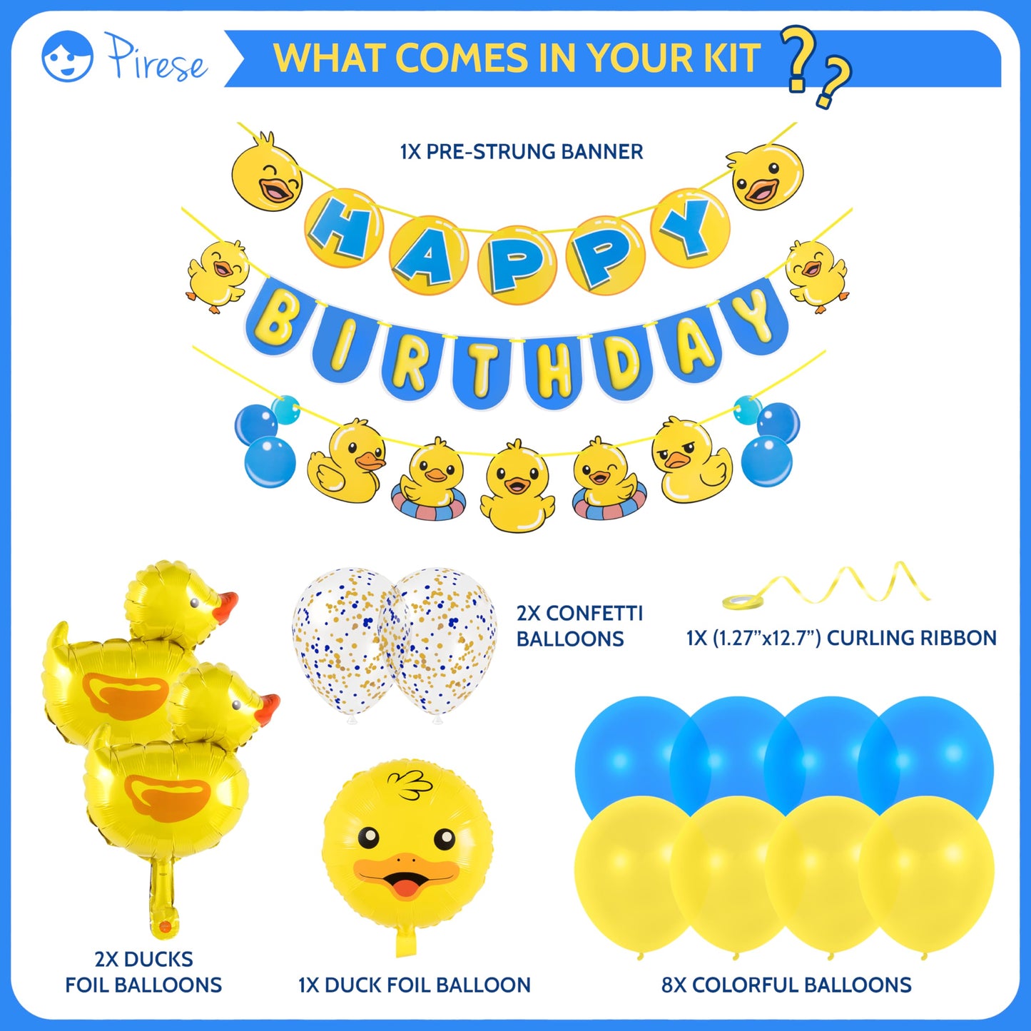 Pirese Rubber Duck Birthday Decorations Kit, Duck Birthday Banner with Balloons, Pre-Strung Duck Party Decorations for Kids, One Lucky Duck Theme