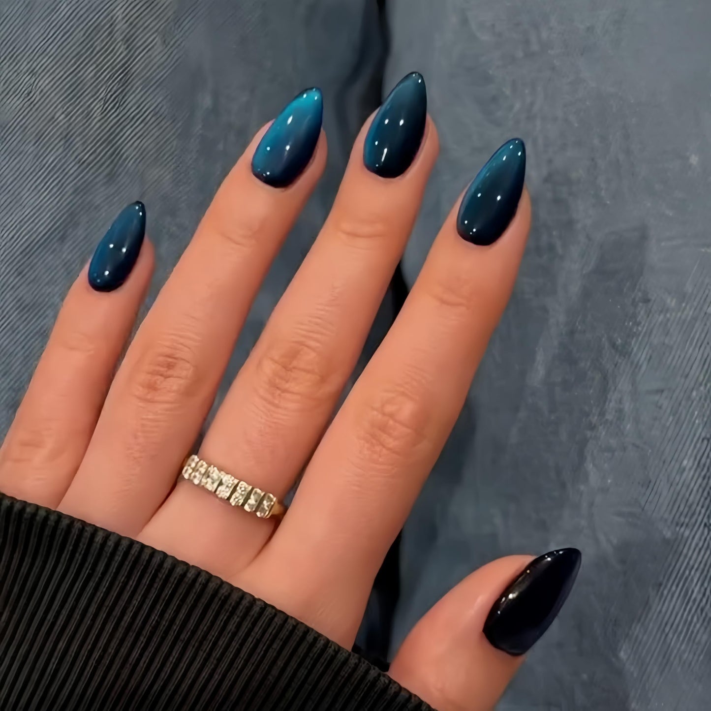 KQueenest Cat Eye Press on Nails Almond, Glitter Dark Blue Fake Nails Medium, Sparkly Nails Press on, Shiny Acrylic Nails, Cute Bling Black Glue on Nails Stick on Nails for Women Small Hand, 30 Pcs