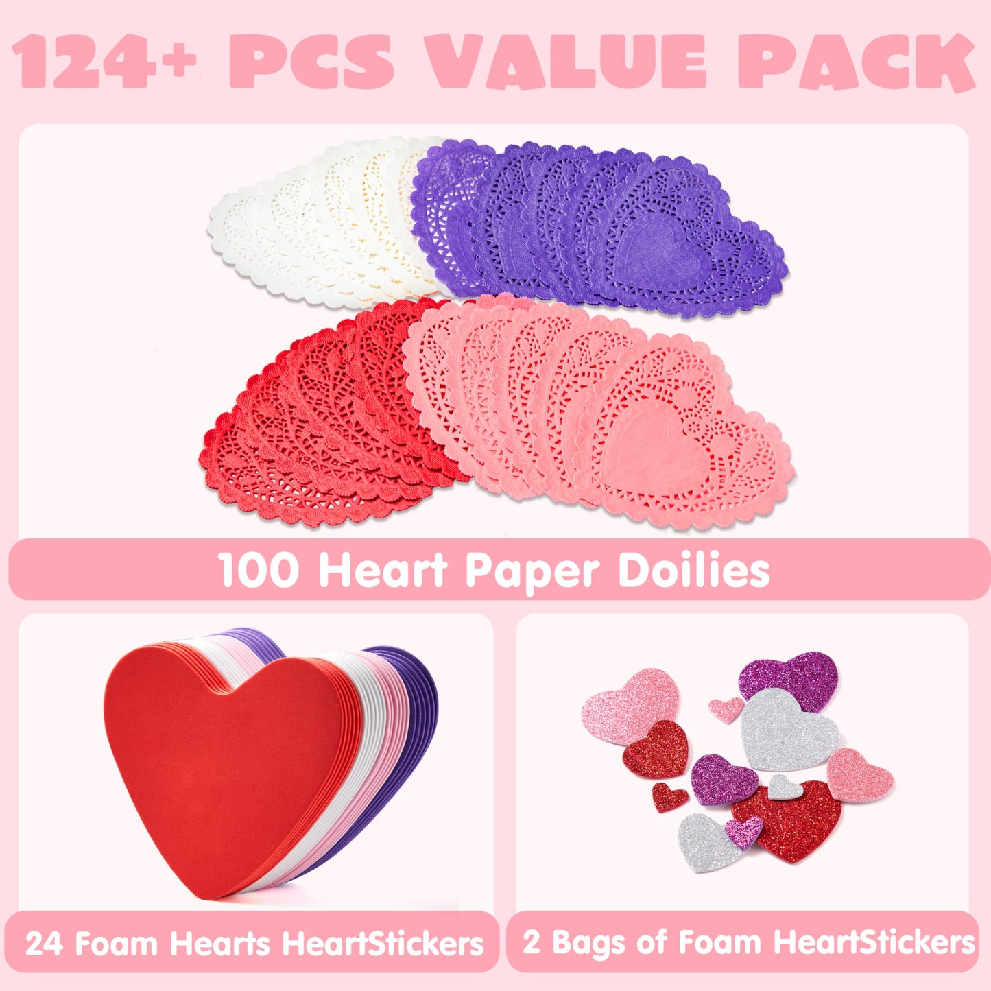 JOYIN 126+ Pcs Valentines Day Craft Gift Set with 100 Heart Doilies, 24 Pcs Foam Doilies and 2 Bags Foam Heart Stickers for Kids, Tableware Decoration, Home Activitie, Kitchen Disposable Table Craft