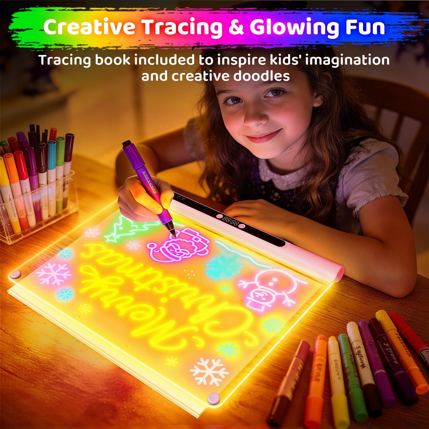 16“ Rechargeable LED Drawing Board, 9-Color Light Modes with Timer & Built-in Stand, Neon Art Dry Erase Glow Up Doodle Note Pad, Sketching Gift Toy for Kids/Girls/Teens, 6 Markers & Tracing Book
