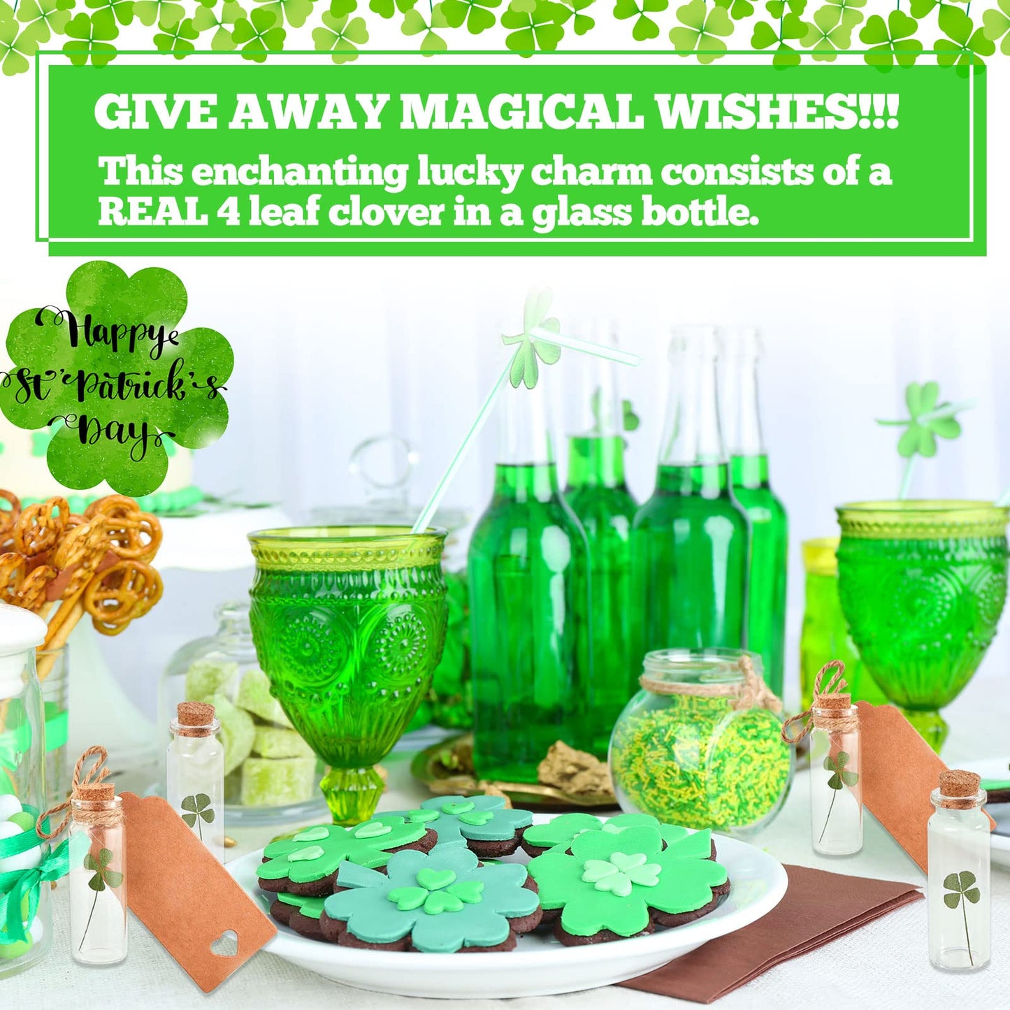 Cinnvoice 50 Sets St. Patrick's Day Cork Stoppers Glass Bottles Dried Pressed Four Leaf Clover Tiny Wishing Bottle Real Natural Four Leaf Clovers Mini Vials with Labels Ropes for DIY Crafts Wedding