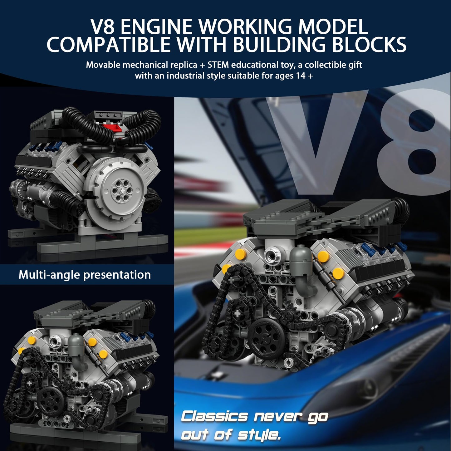 HUNKING Working V8 Engine Model Building Kit, Block-Compatible, Physical Science Experiment STEM Toy, Collectible Ornament and Creative Gift for Teens Aged 14+ and Adults(931 PCS)