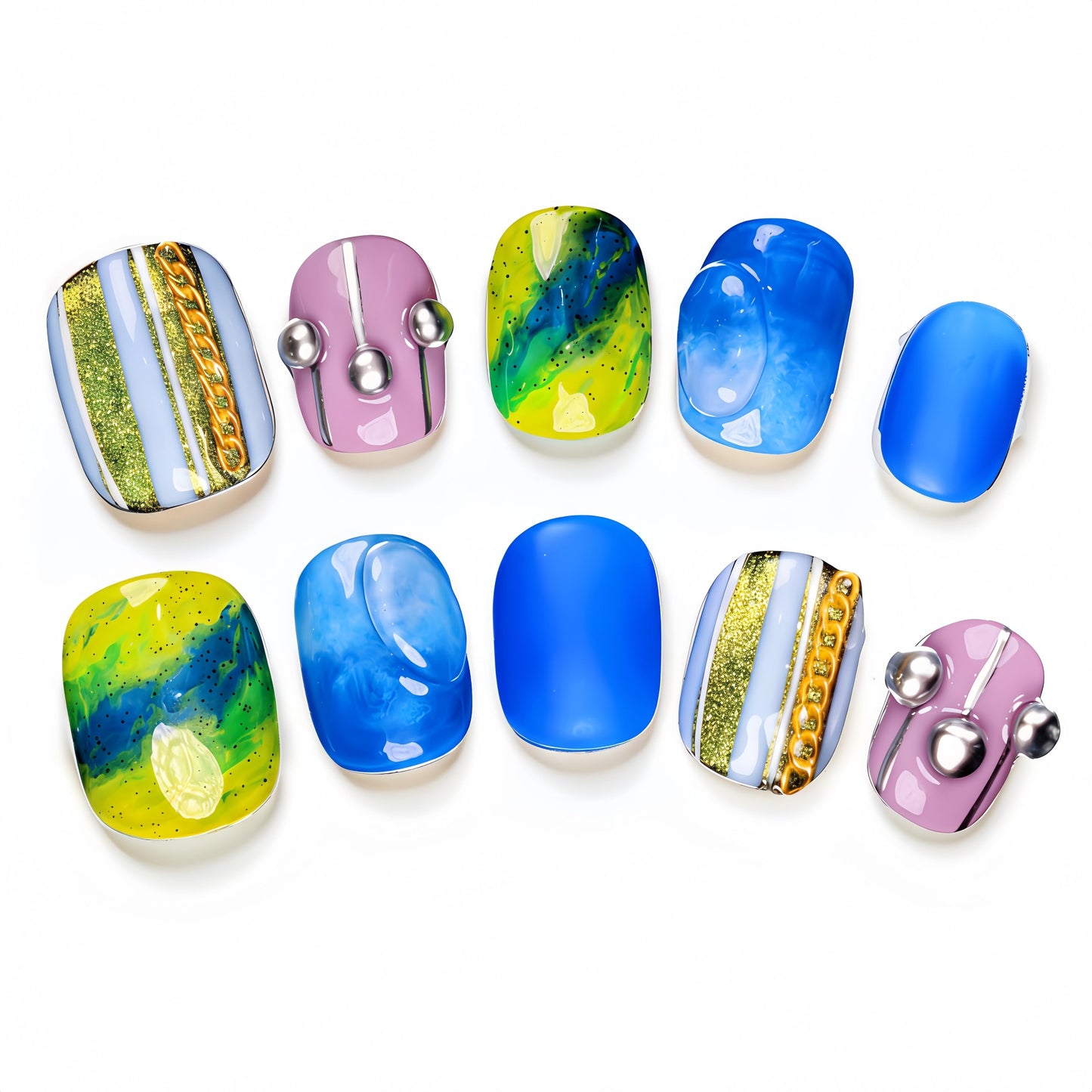 Fine Point Handmade Press-On Nails Set, Short Squoval, Funky Cobalt Blue Aura Green Swirl, 3D Stud Accent, Designer Artistic Novelty, Pop-Star Showgirl, Cosmic Coquette Mothers Day Gifts (Size Small)