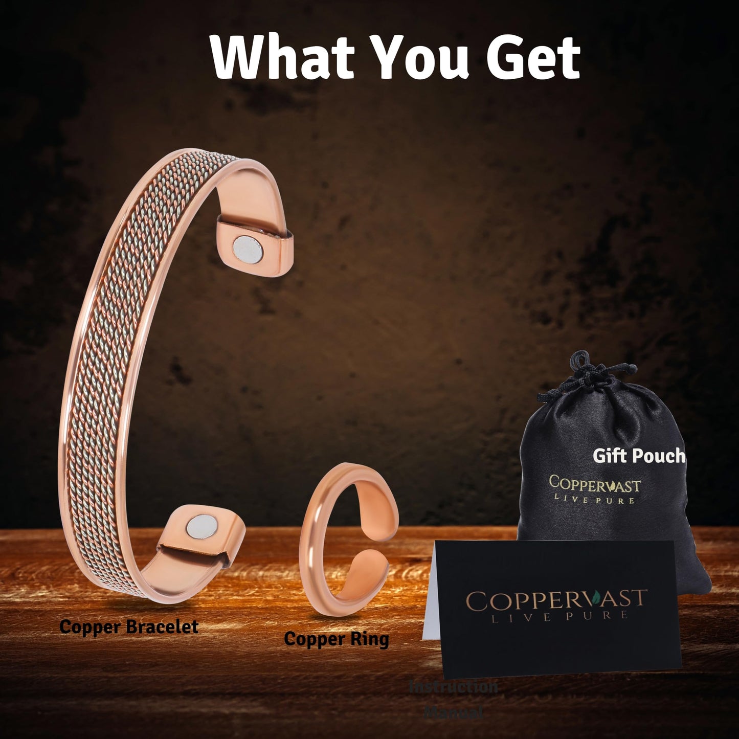 Coppervast Pure Copper Bracelet & Ring Set – Adjustable Handmade 99.99% Solid Copper Jewelry for Men & Women | Elegant Copper Cuff Bracelets & Ring Gift for Men and Women