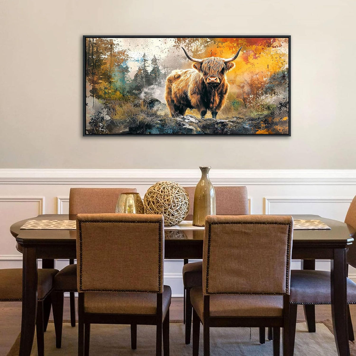 QZQCBLC Highland Cow Wall Art, Vintage Country Style Abstract Landscape Pictures Animal Cattle Canvas Print Framed Paintings Artwork for Living room Bathroom Bedroom Home Office Decor 20x40 IN