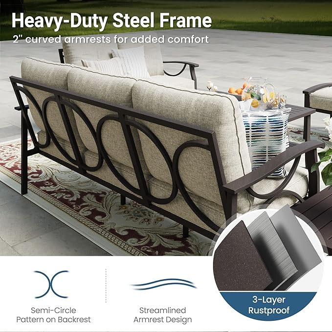 RoyalCraft Patio Loveseat, All-Weather Outdoor 2 Seats Sofa Couch, Khaki Metal Furniture with Beige Cushions