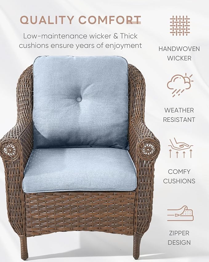 Outdoor Patio Chairs with Fire Pit Table 5 Piece Set - High Back Brown Wicker Rattan Lawn Chair with Thick Cushion for Porch Apartment Deck Yard Poolside Garden - Baby Blue