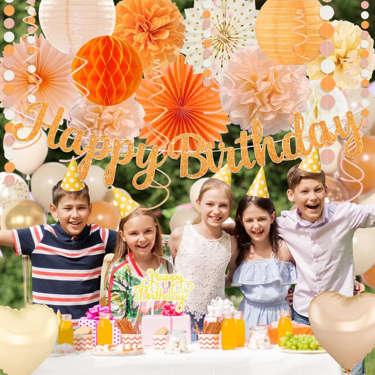 Orange-Peach Fall Boho Birthday Party Decorations - 62pcs Happy Birthday Banner, Beige Rustic Paper Lanterns, Streamers, Tissue Pom Poms, Burnt Orange Apricot Party Balloons, Fall Backdrop Decor
