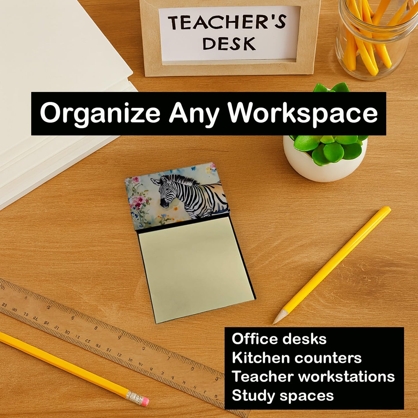 Caroline's Treasures Zebra Sticky Note Holder Refillable Dispenser Self-Sticky Note Pads, Memo Pads Blank Desk Accessories