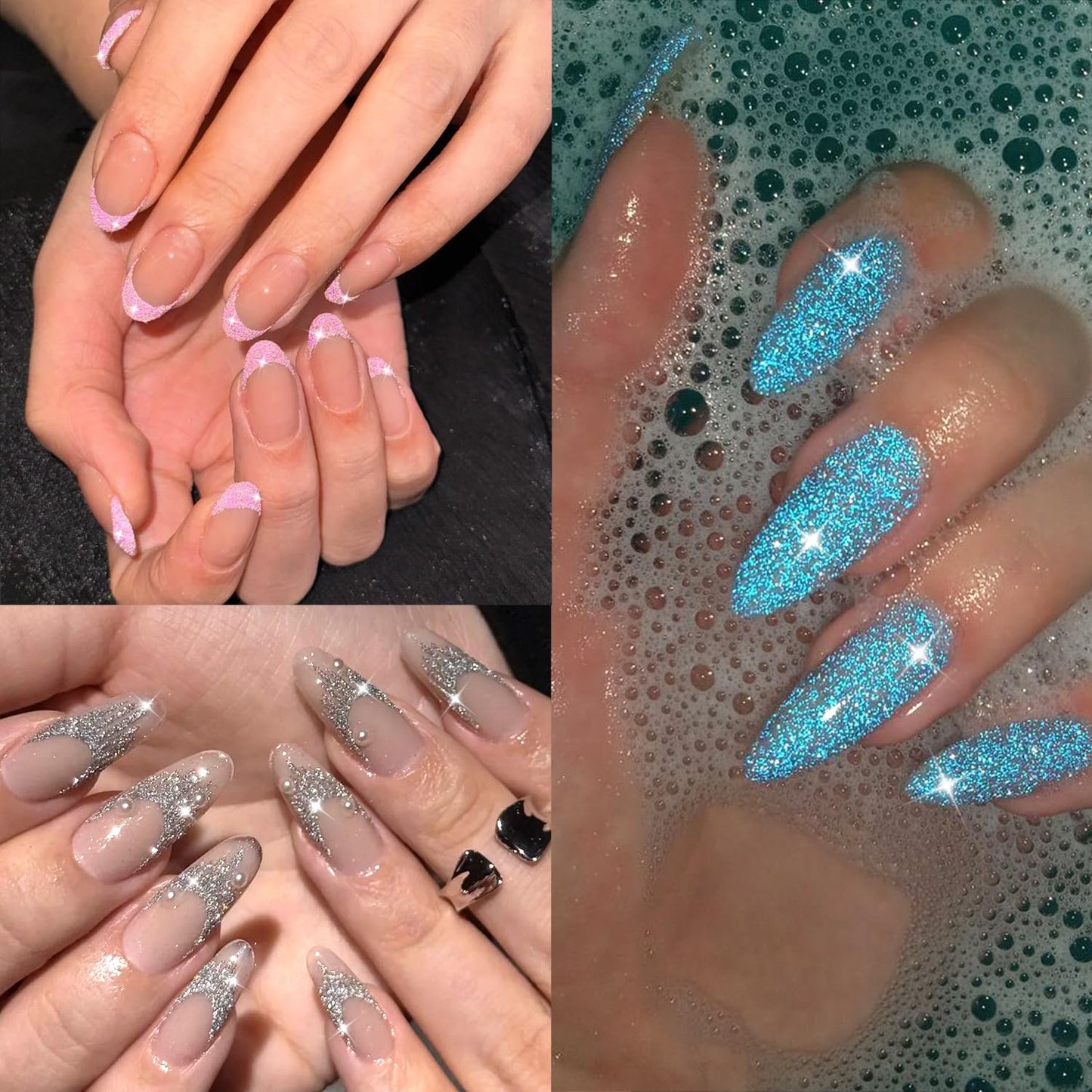 Furtherpretty Reflective Glitter Powder for Nails, 6 Colors Nail Sugar Loose Glitter Powder Set, Flash Sparkle Nail Art Dust in Pink, Silver & Champagne, DIY Manicure Accessories with Brush (#2 Flash)