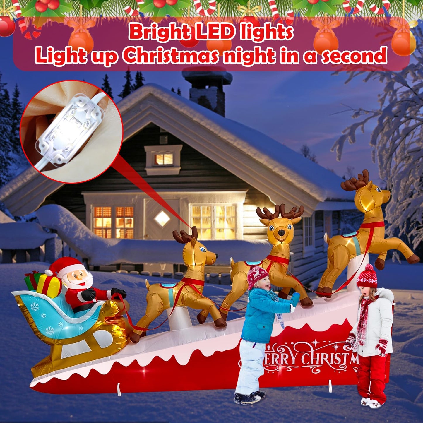 Hazms 13.3 FT Christmas Inflatables Santa Claus on Sleigh with Three Reindeer & Gift Box Outdoor Yard Decorations LED Lights Inflatable Christmas Decoration,Lawn, Garden