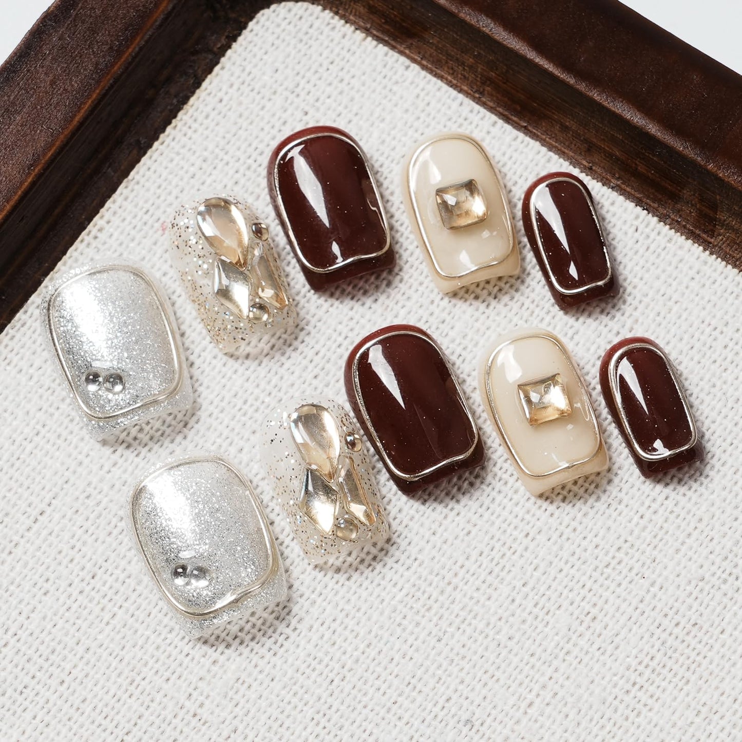 Tesytto Handmade 3D Press On Nails Short Coffin,New Year Valentine False Nails Burgundy Silver Glitter with Geometric Line Art & Hand-Set Rhinestones - 10Pcs Luxury Design (Fiery Red Lips,S)