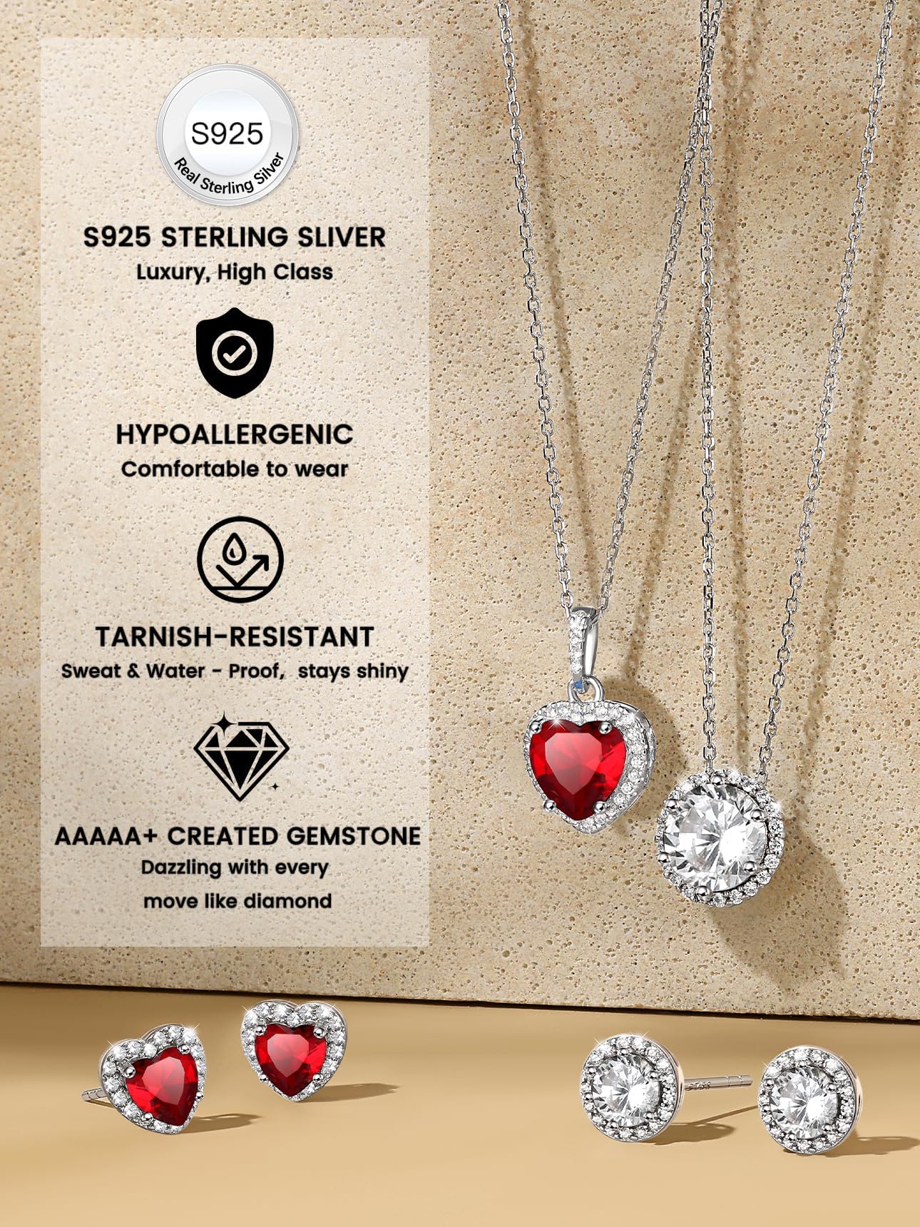 Bestyle 925 Sterling Silver Love Heart Cut Cubic Zirconia Stud Earrings, Brilliant Created July Ruby CZ Birthstone Earrings for Women