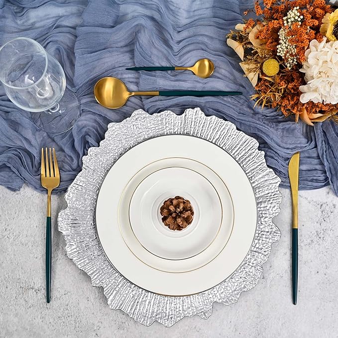 Pesonlook 50Pcs Silver Charger Plates Round 13inch, Reef Plate Chargers for Dinner, Bulk Plastic Floral Table Charger Plates for Dinner Wedding Party Event Table Setting Decoration(Silver)