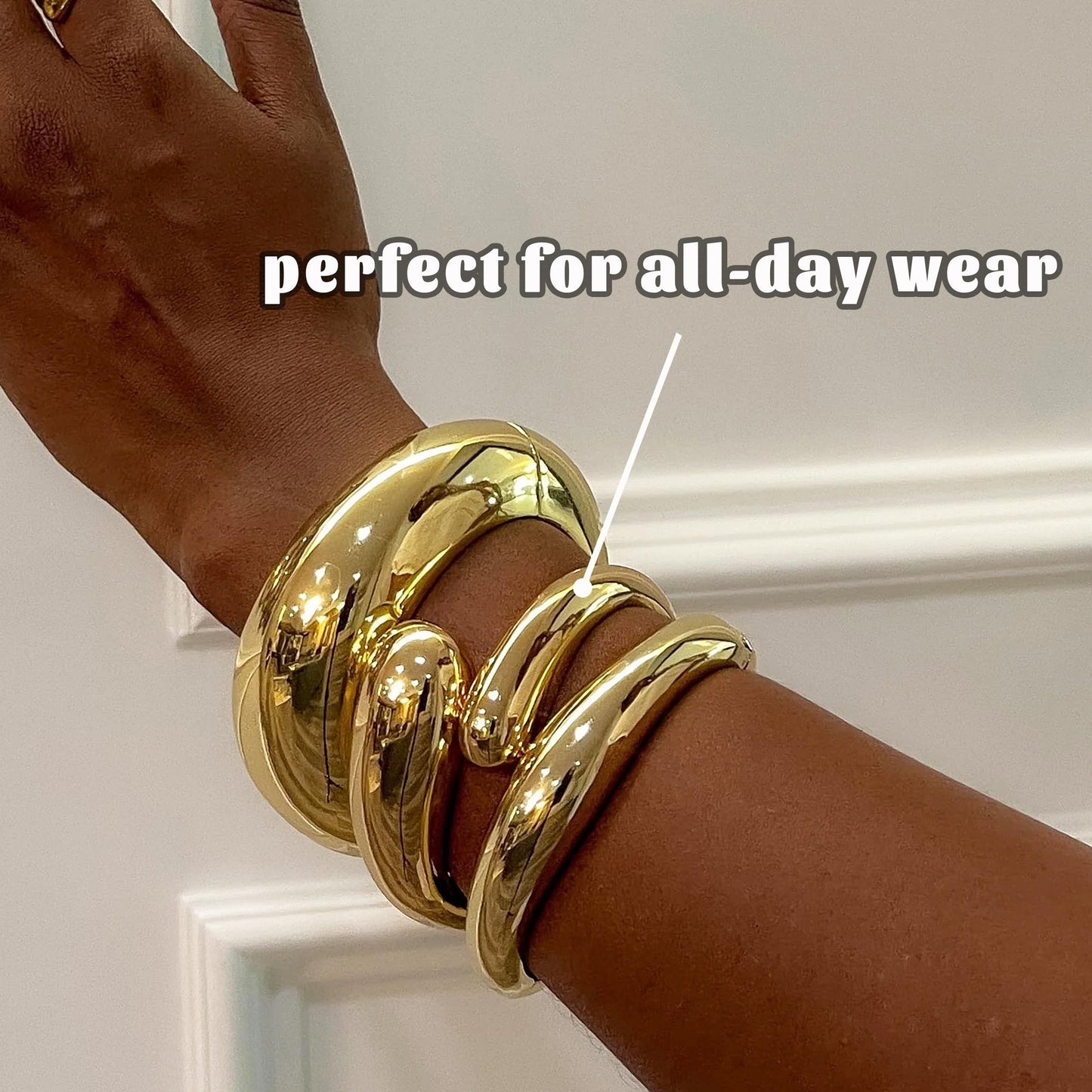 Dodder 3PCS Chunky Gold Bangle Bracelets for Women, 14K Gold Plated Big Stackable Bangles Set, Gold Bracelet Stack