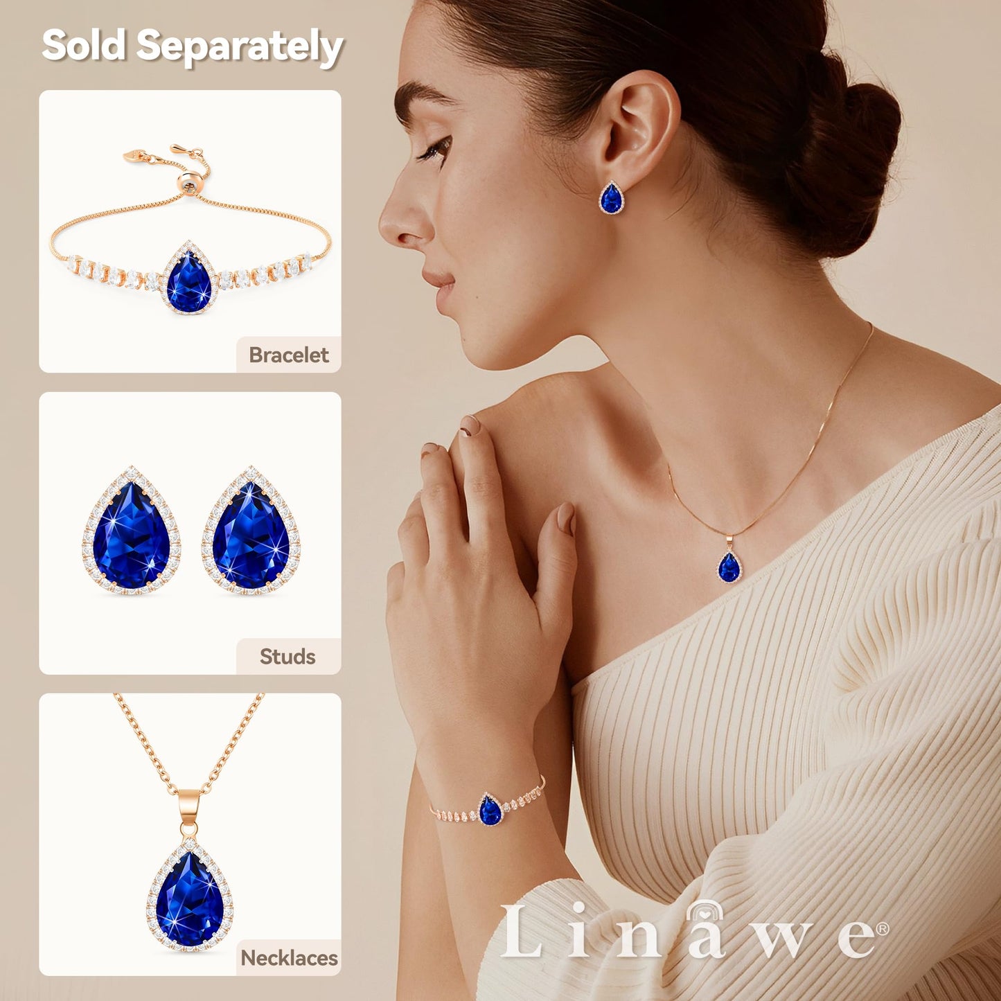 Linawe Imitation Diamond Earrings Sapphire Royal Blue Stud Earrings for Women, Rose Gold Cubic Zirconia Navy Blue Teardrop Statement Rhinestone Crystal Earrings Studs
