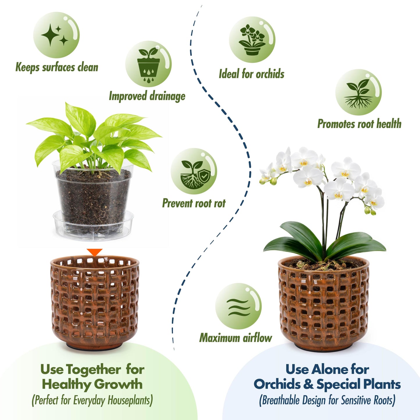 D'vine Dev 6.7 Inch Ceramic Orchid Planter with Lattice Cutout Design, Glazed Cachepot with Clear Nursery Pot & Detachable Saucer for Orchids and Indoor Plants, Pumpkin, 28-A-Y-5