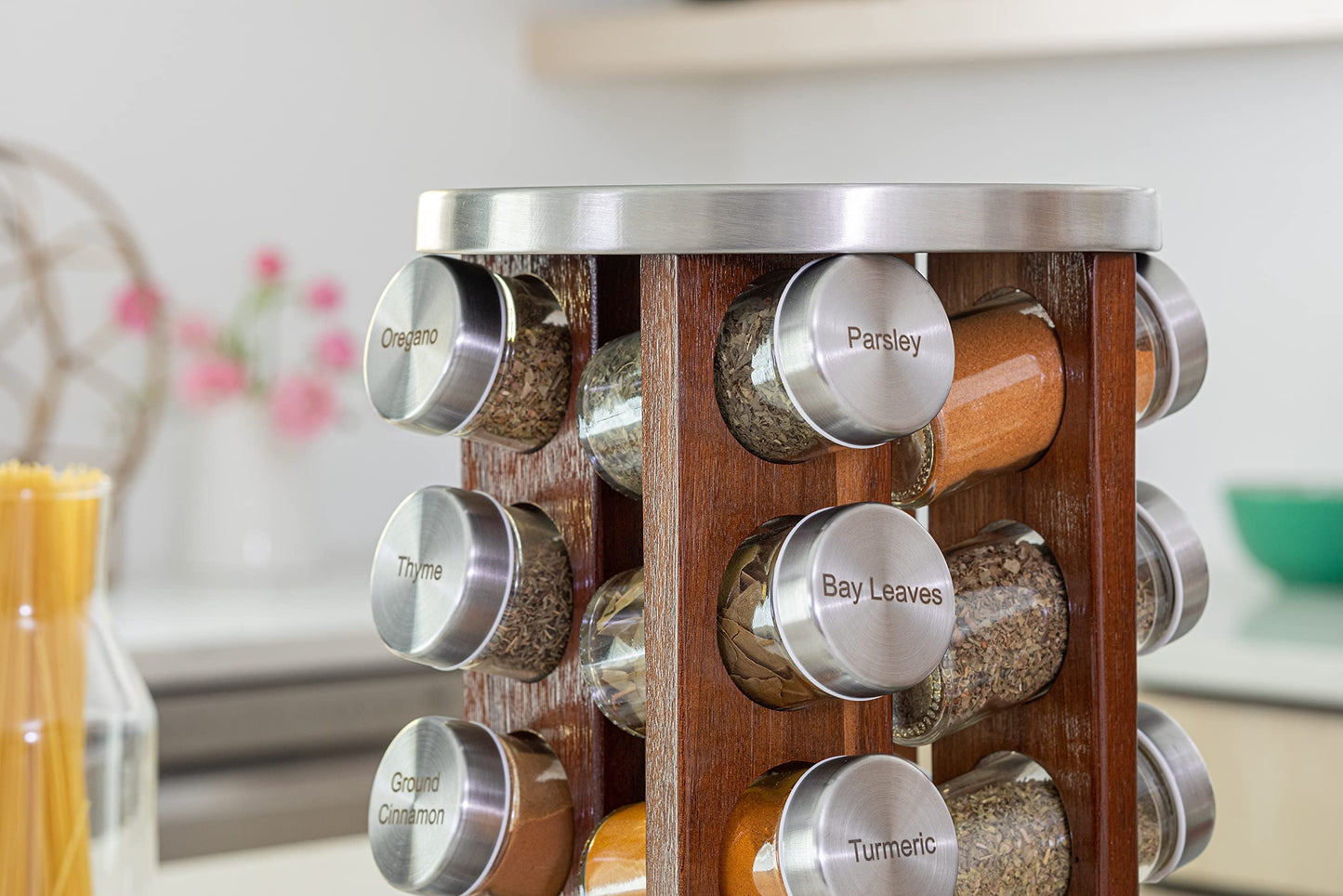 Orii 20 Jar Rotating Dark Acacia Wood Spice Rack with Spices Included & 5-Year Spice Refill Program – Rustic Wood Countertop Spice Rack with Glass Jars