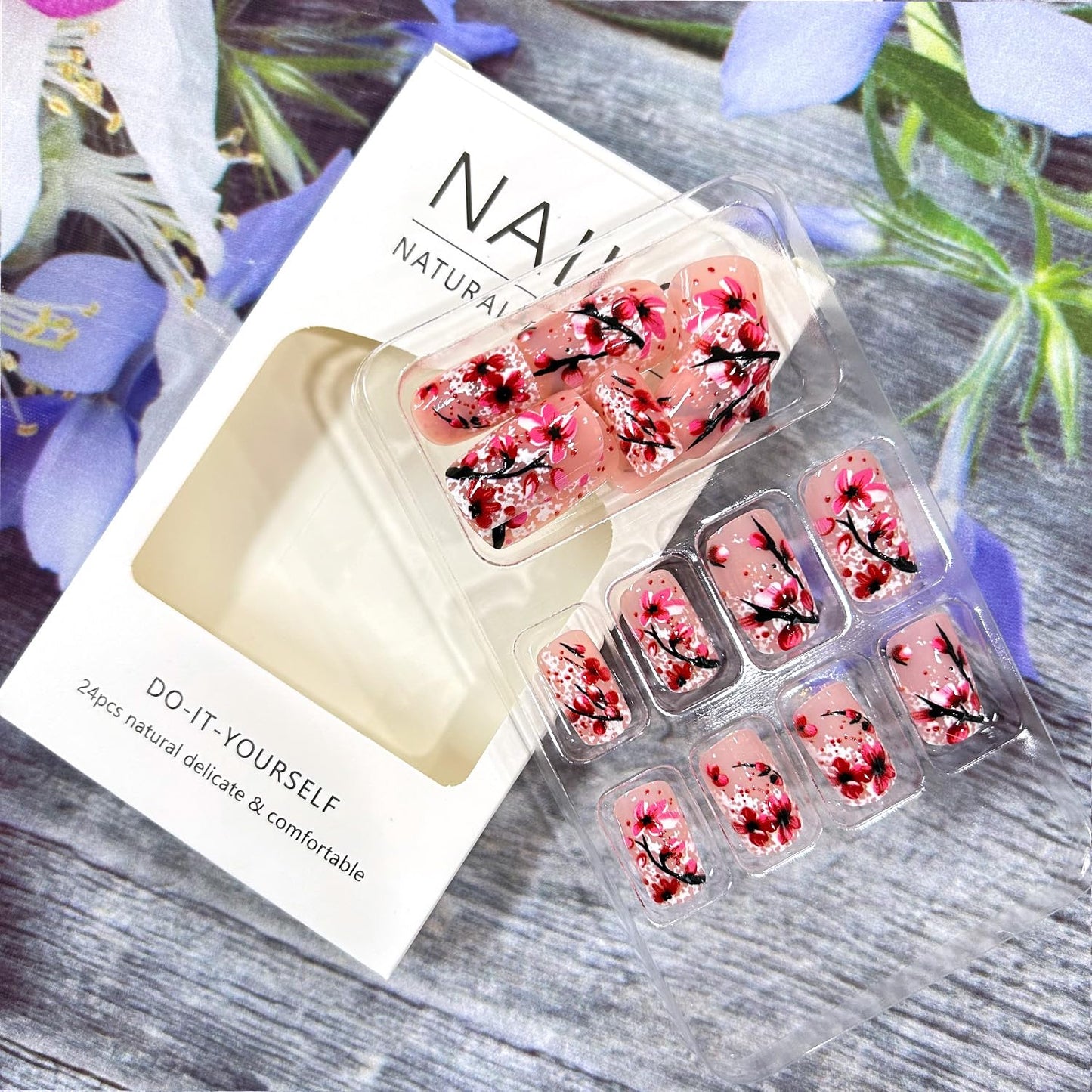 CJDLTS Pink Flower Press on Nails Medium Square Nails Pink Press Nails Spring Floral Stick on Nails Ful Cover Acrylic Nails Glitter Powder Sequins Design Artificial Nails 24Pcs Glue on Nails for Women