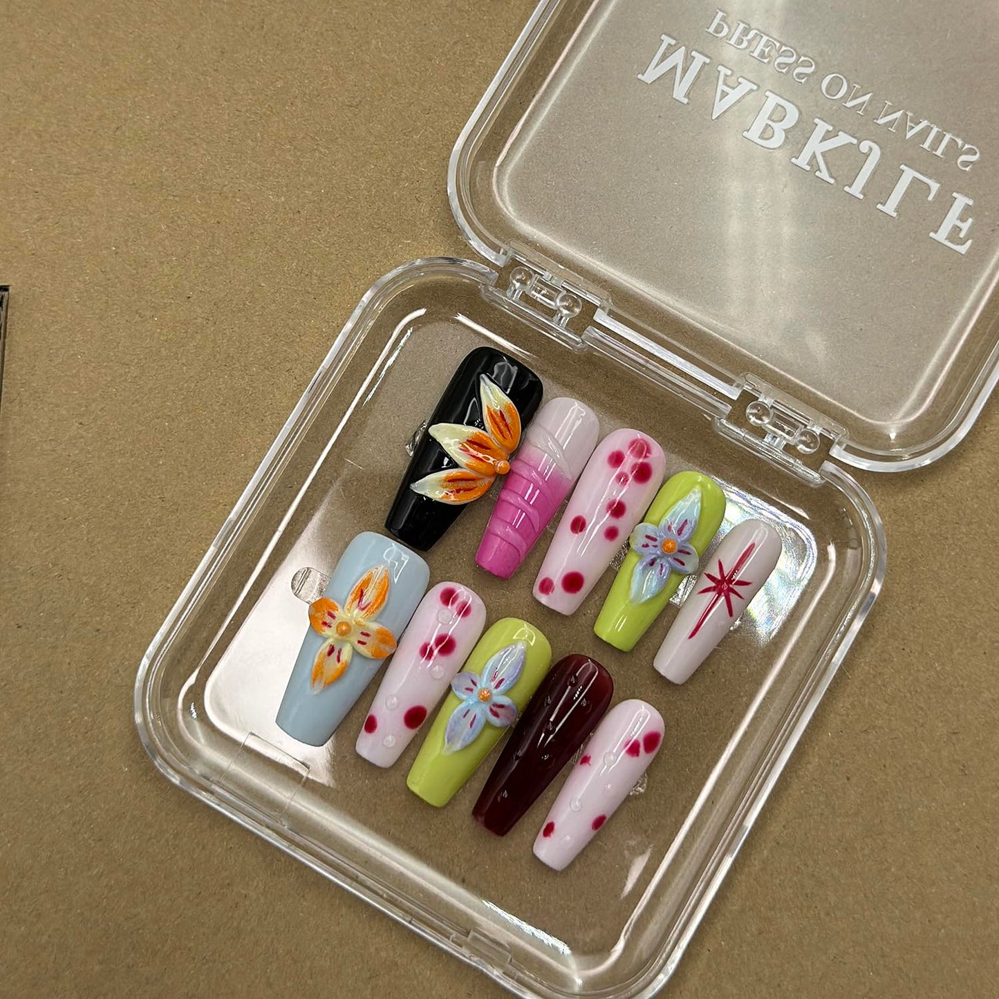 Luxury Press on Nails Medium Coffin Handmade 3D Unique Reusable ABS Material Fake Nails Colorful False Nails with Designs Blue Orange Flower Art Petal Glossy Glue on Nails Thick Acrylic Nails(M)