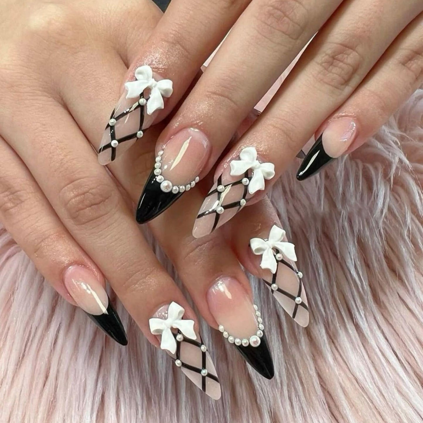 octoswave Press on Nails Long Almond Fake Nails Black French Artificial Nail Bow and Sparkly Pearl Charm Stick on Nail for Women 24pcs