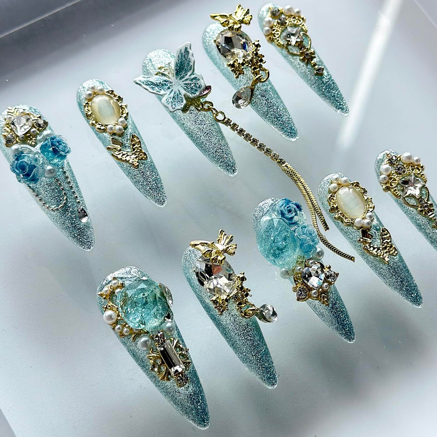Luxury Press on Nails Long Almond Handmade 3D Unique Reusable ABS Material Fake Nails Light Blue Gothic False Nails with Designs Rhinestones Charms Glitter Glossy Glue on Thick Acrylic Nails(S)