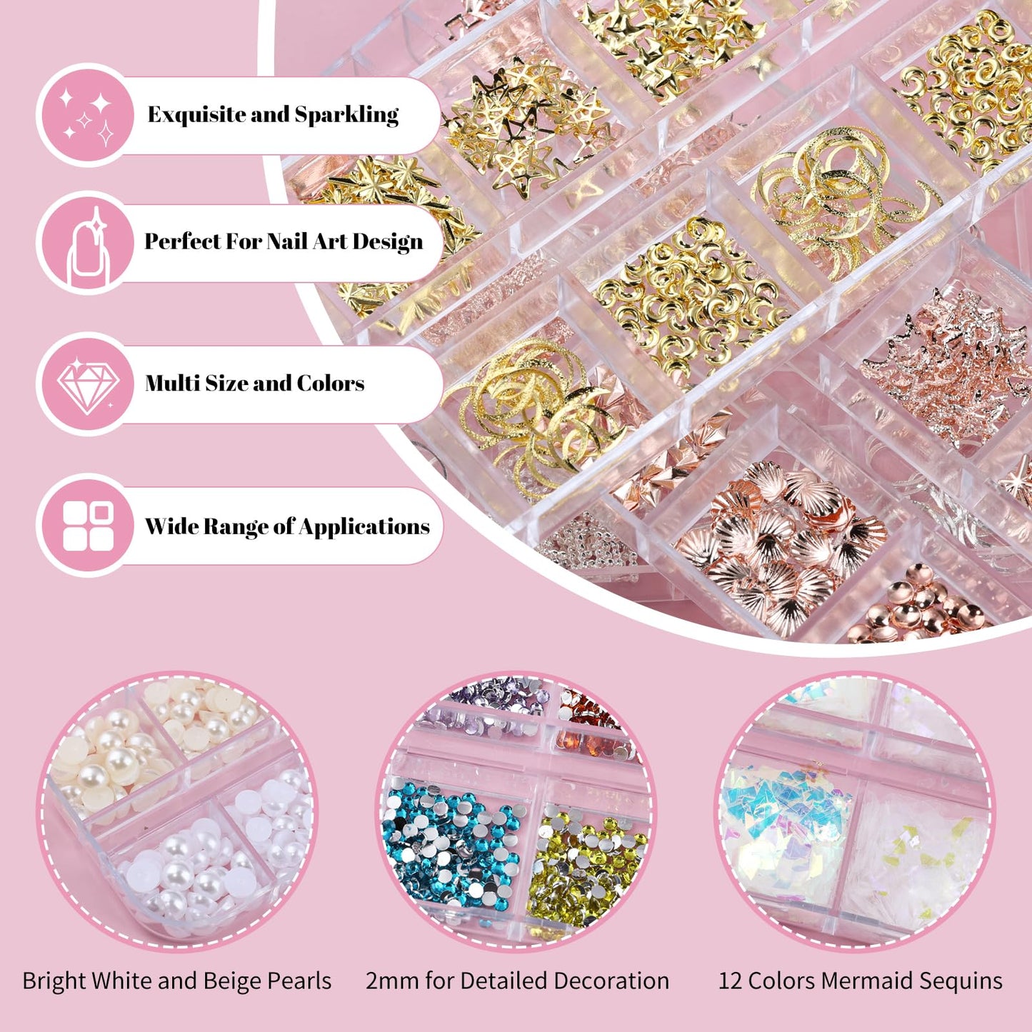 Kikonoke 10 Boxes Nail Art Kit - 12 Colors Pointed/Flatback Rhinestones, 3D Gold/Silver/Rose Nail Studs, White Beige Half Pearls, Holographic Glitter & Foils + 3 Tools for DIY Nail Art Jewels & Crafts