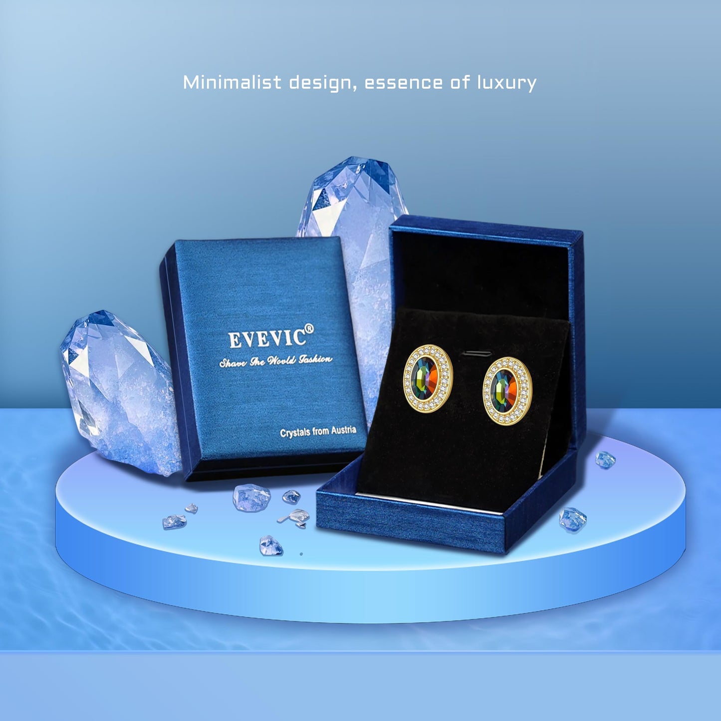 EVEVIC Austrian Crystal Halo Oval Stud Earrings for Women Trendy,14k Gold Plated Hypoallergenic Earring Jewelry Gift (Vitrail Medium)