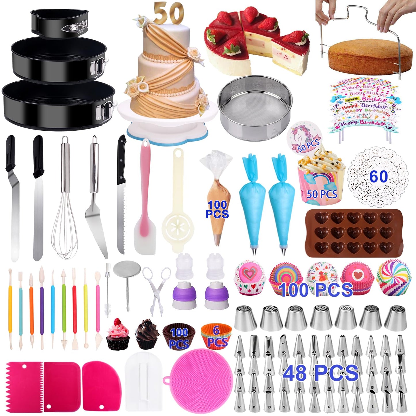 Cake Decorating Kits 567 PCS Baking Set with Springform Pans Set, Rotating Turntable, Decorating Tools, Cake Baking Supplies for Beginners and Cake Lovers (567 PCS Cake Decorating Kits)