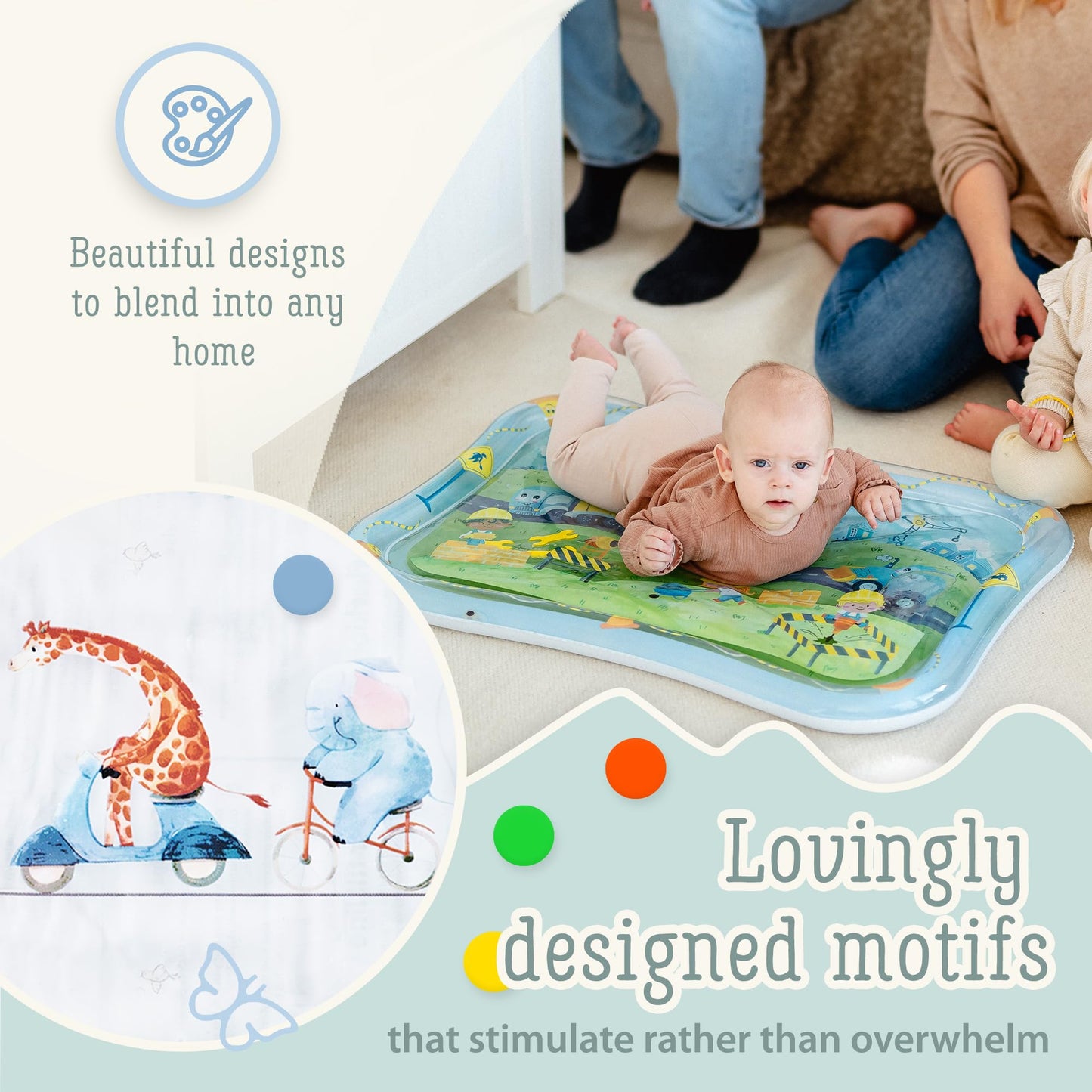 Tummy Time Water Mat for Babies – XXL Sensory Baby Water Play Mat – Award-Winning Infant Activity Mat for Motor Development – Premium, Baby-Safe Water Tummy Time Mat – Construction Site