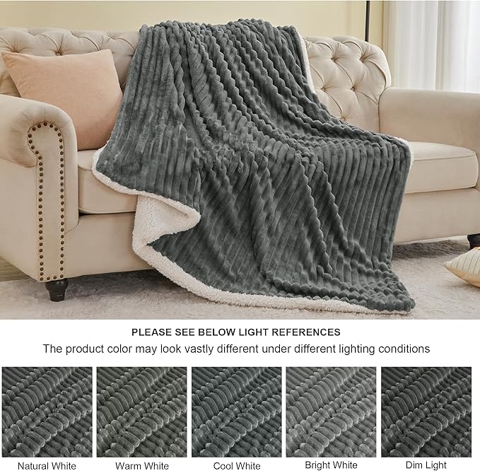 INFIIXSO Sherpa Throw Blanket for Couch - Super Soft & Warm Striped Fleece Blanket, Cozy Plush Fluffy Blanket All Season Use (Grey, 50x60 Inches)