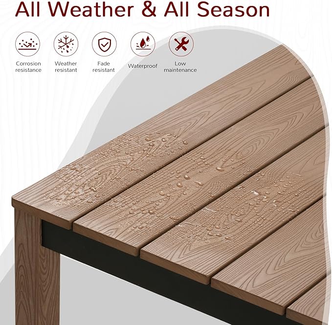 Stoog 7-Piece All-Weather Patio Dining Set, HIPS Dining Table with Cross-Braced Aluminum Frame & Umbrella Hole, 6 Waterproof Chairs, Fade & Rot Resistant, for Backyard, Garden, Deck, Teak