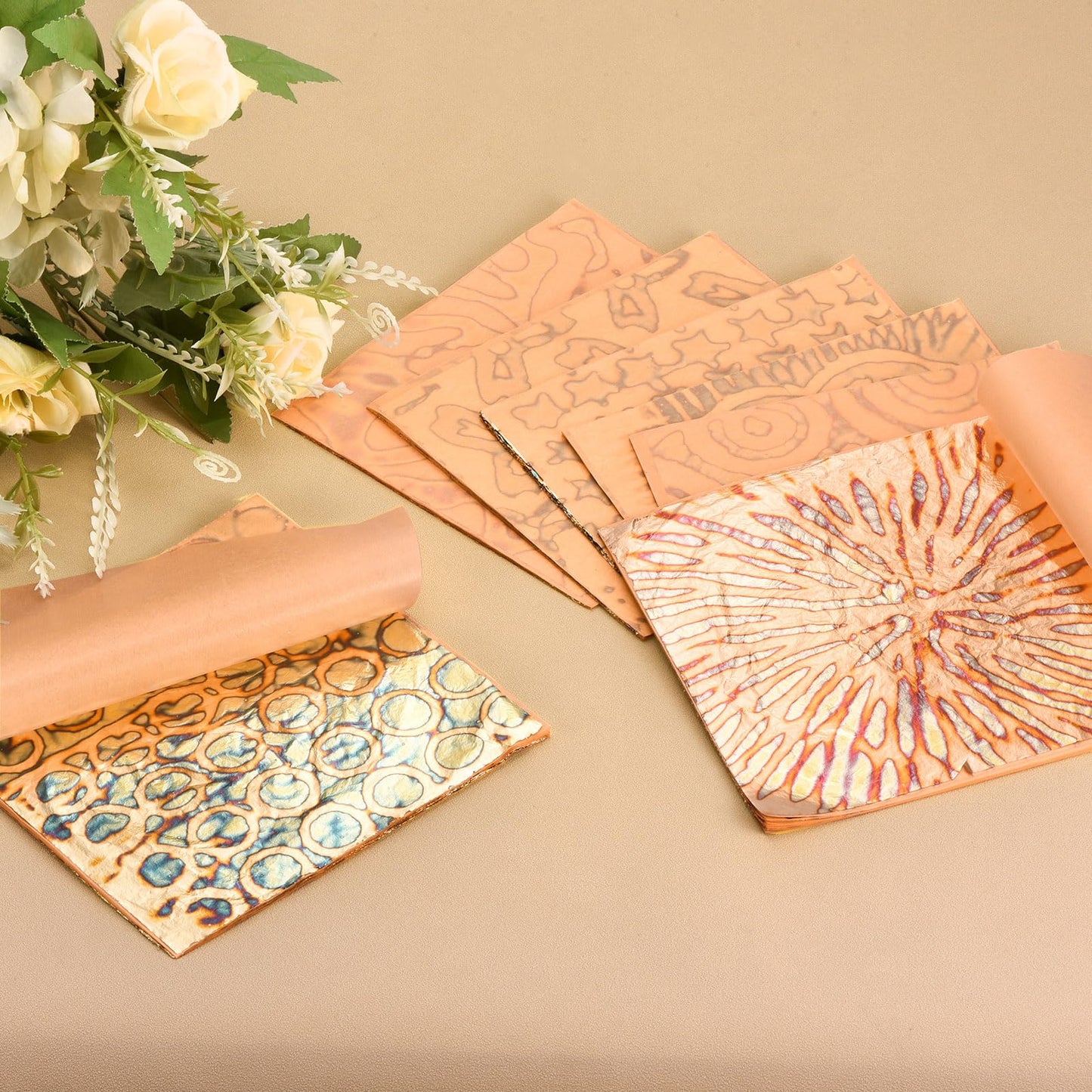 MECCANIXITY 50 Pcs Gold Leaf Sheets 5.5" x 5.5" Imitation Gold Foil Sheets Variegated Booklet with Pattern for Crafts,Picture Frames,Nails and DIY Arts Decoration,Gypsophila Gold