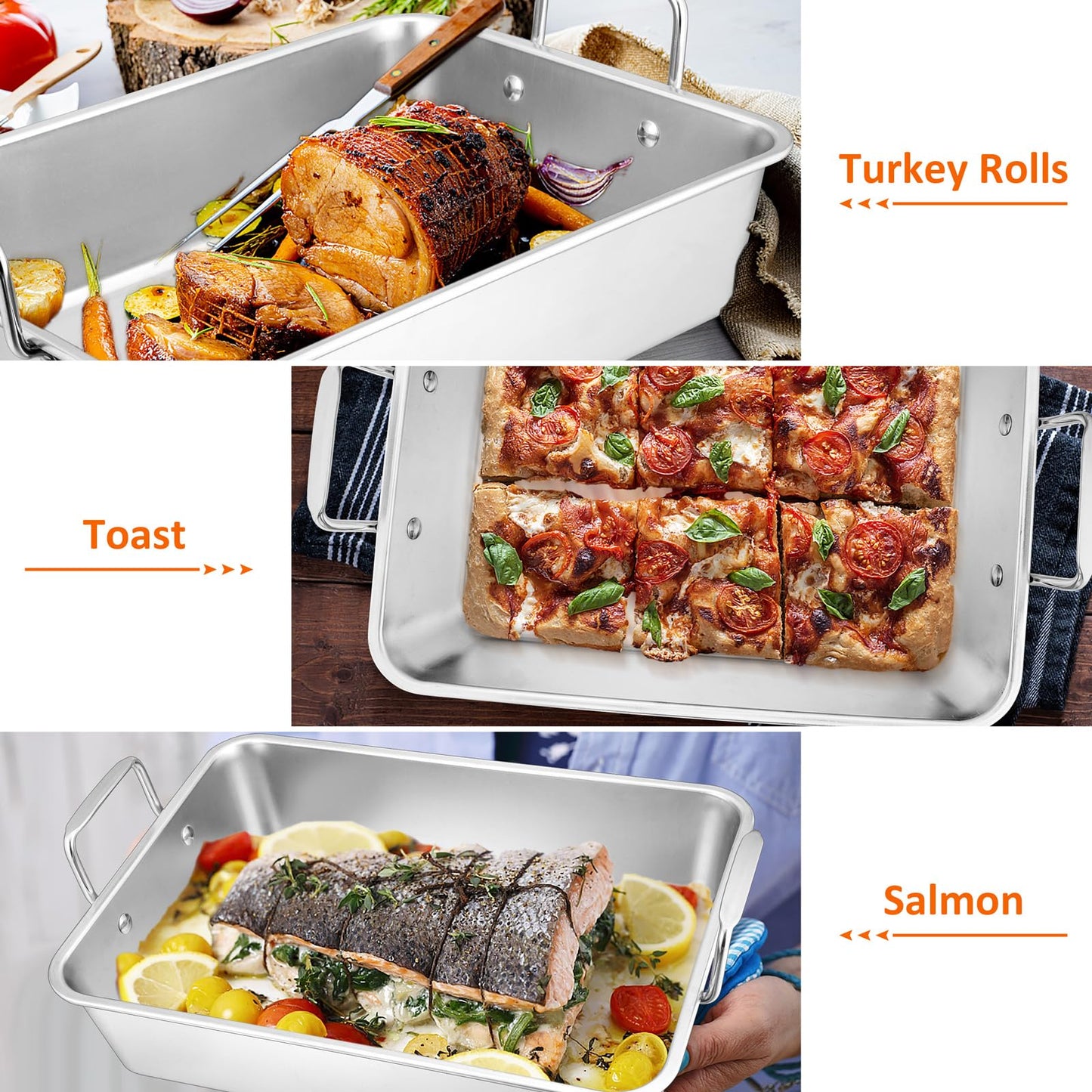14 Inch Roasting Pan with Rack, Leonyo Large Turkey Roasting Pan, Stainless Steel Roaster Pan with Wire Rack Non Stick Baking Pans for Cooking Ham, Chicken, Cake, Lasagna, Casserole