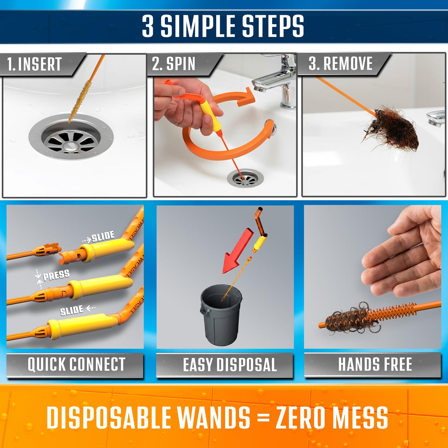 FlexiSnake Drain Weasel Sink Snake Hair Clog Remover Tool, Sink, Pipe, Bathroom, Bathtub Drain Cleaner, 18-inch Long, Flexible, Made in The USA, 10 Pack Wand Refills and Removable Handle