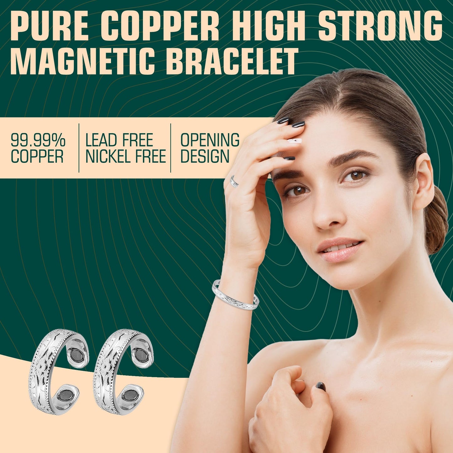 FASCIO Copper Rings for Women Men, 2PCS Pure Copper with Magnets Adjustable Ring for Fingers