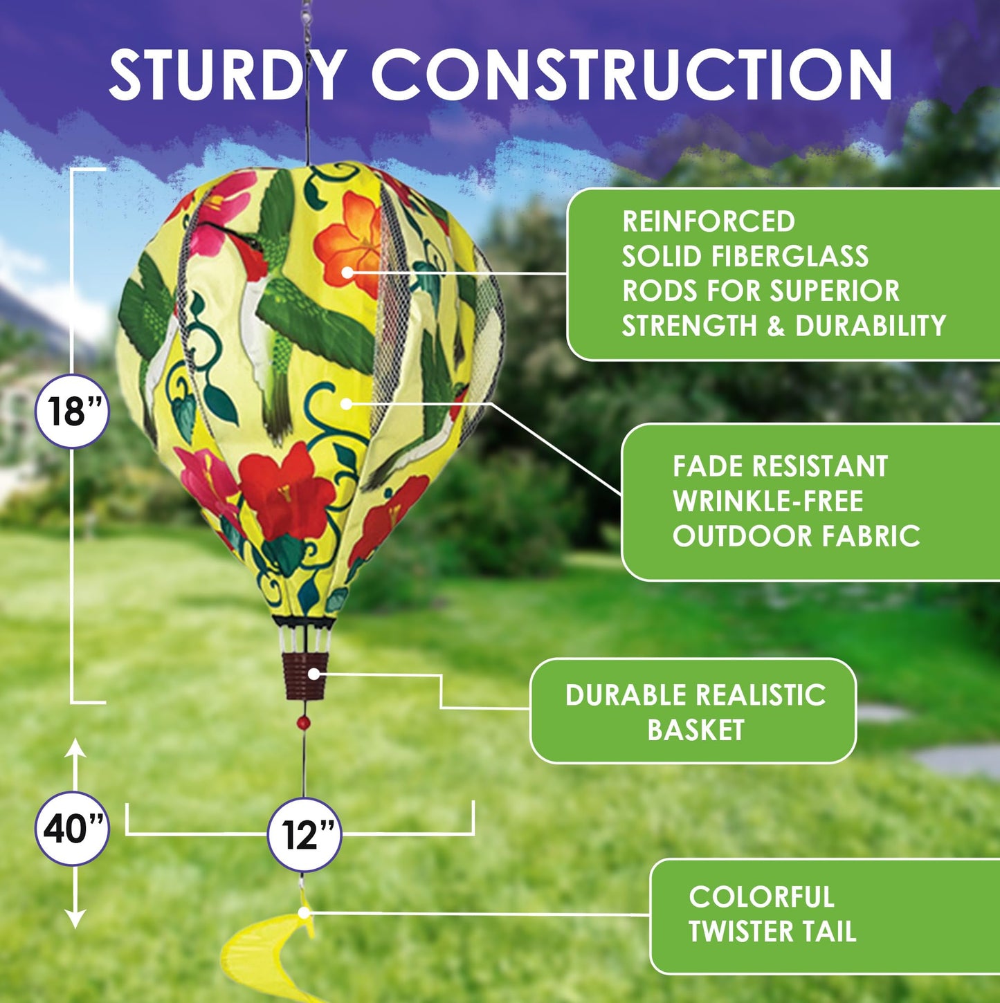 Premier Kites 18” Pop-Open Hot Air Balloon Hummingbirds – Durable Oxford Fabric, Reinforced Fiberglass Frame, Easy Click-Lock Assembly, Heavy-Duty Non-Tangle Hub, Outdoor Wind Spinner Decoration