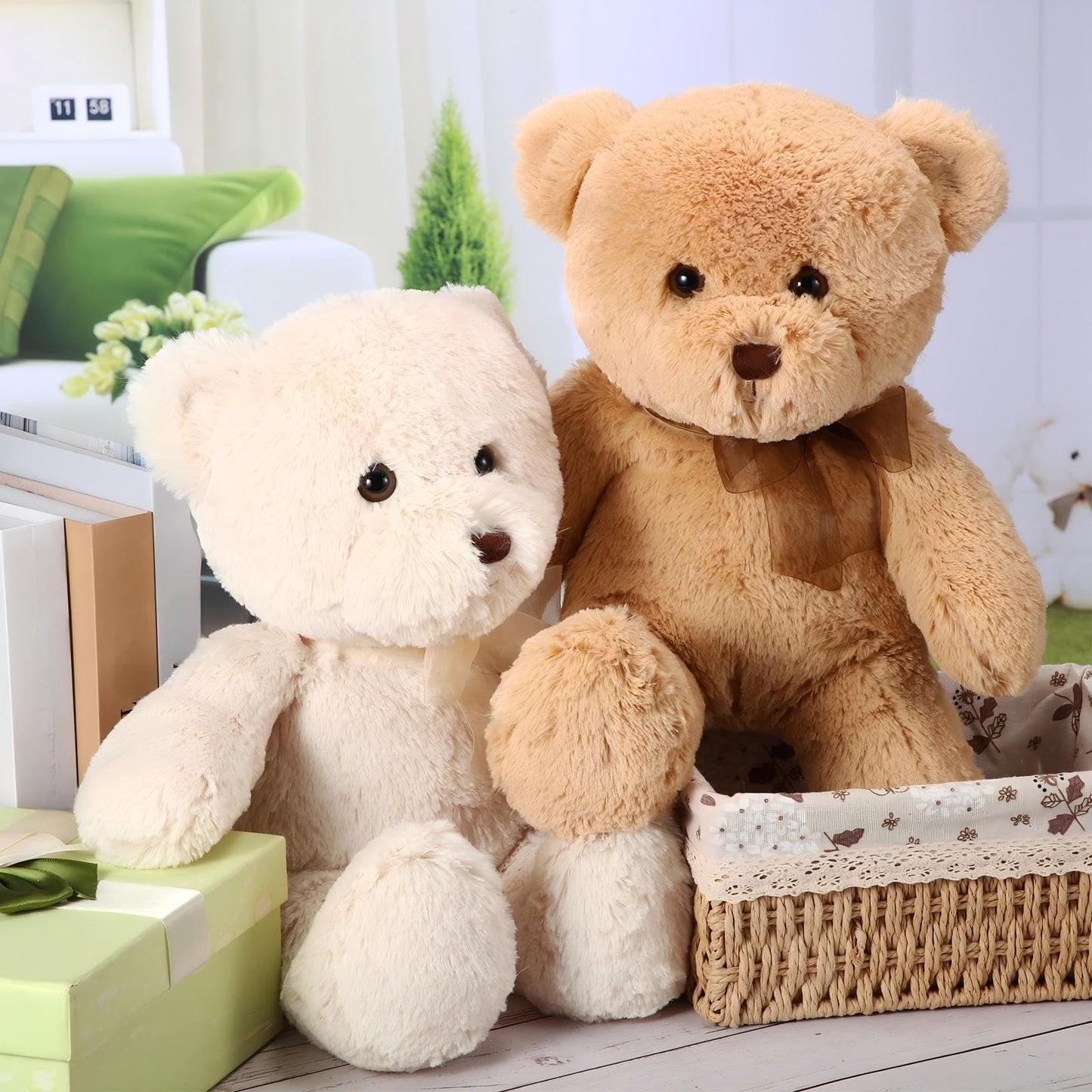 HyDren 2 Pack Bear Stuffed Animals 18 Inch Cuddly Stuffed Bear Plushies with Bow for Birthday Gifts Baby Shower Decors Valentines Party Decors(Beige, Light Brown)