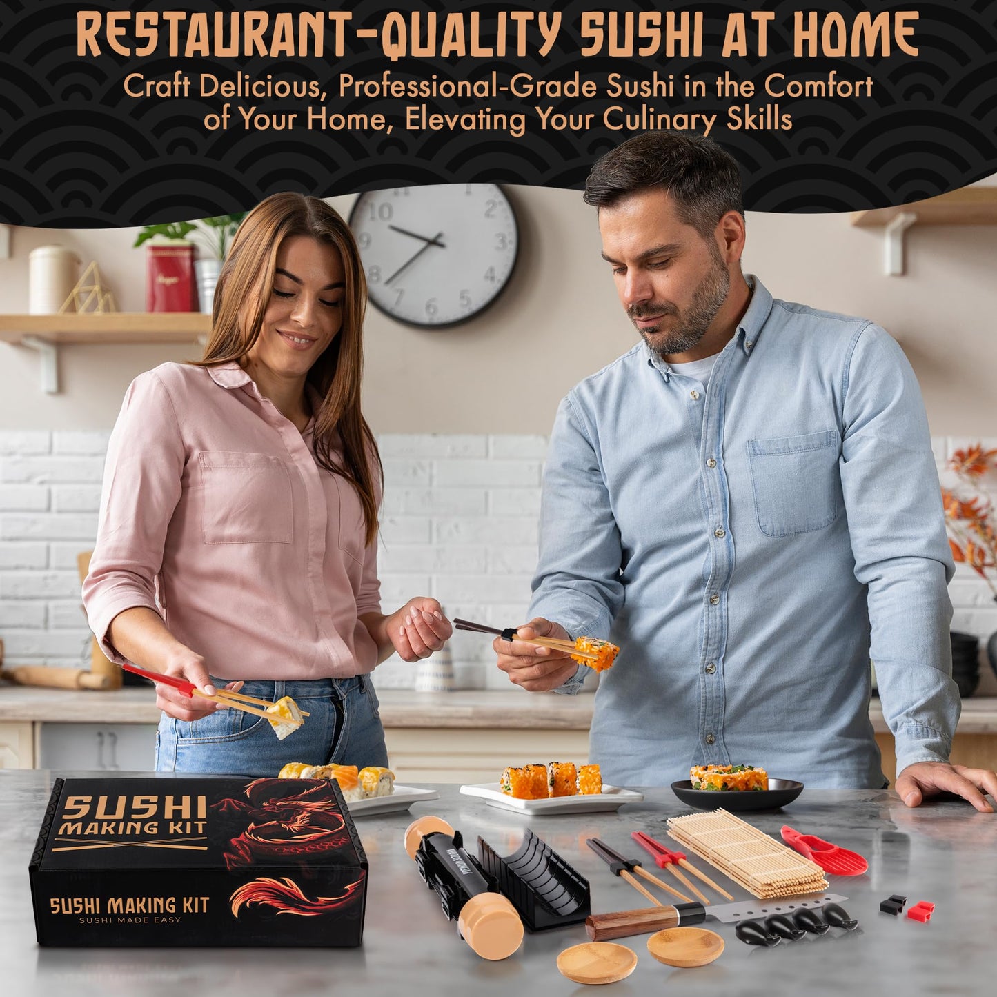 30 Pcs Sushi Making Kit – Sushi Bazooka Maker Kit with Nori Sheets for Sushi, Bamboo Rolling Mat, Easy DIY Roller Set for Beginners at Home, USDA Organic