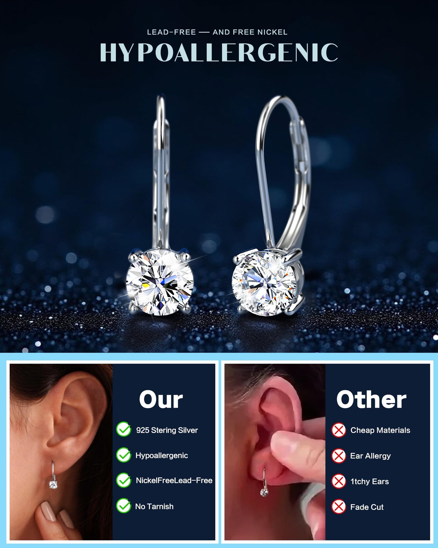 Blahanna Moissanite Earrings,1.0ct-2.0ct D Color Brilliant Round Cut Earrings S925 Sterling Silver Dangle Earrings Moissanite Leverback Drop Earring silver 5mm