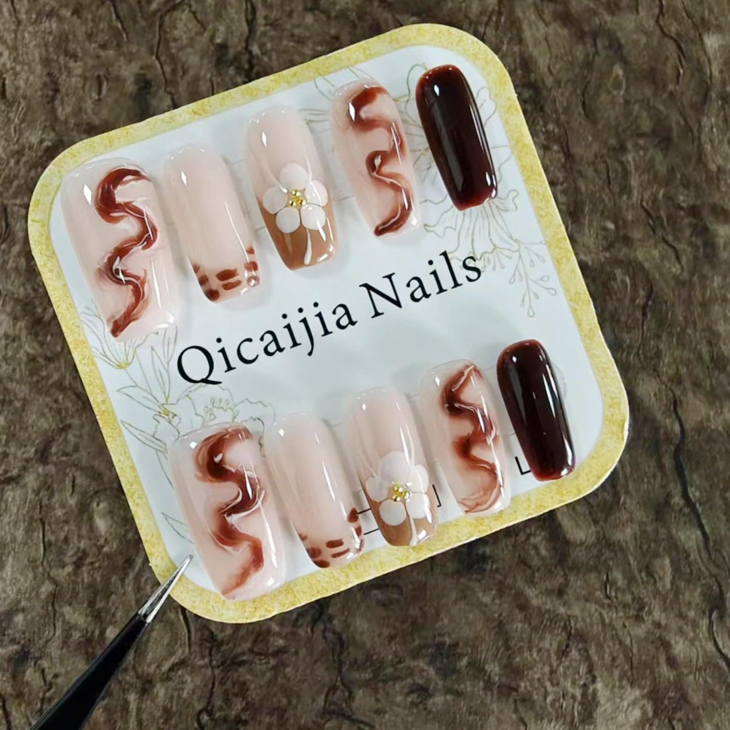 Medium Press on Nails Square Luxury Handmade Fake Nails Brown French Tip Acrylic Nails Press ons with Design False Nails Sparkly Full Cover Artificial Stick on Nail for Women 10Pcs(Size M)