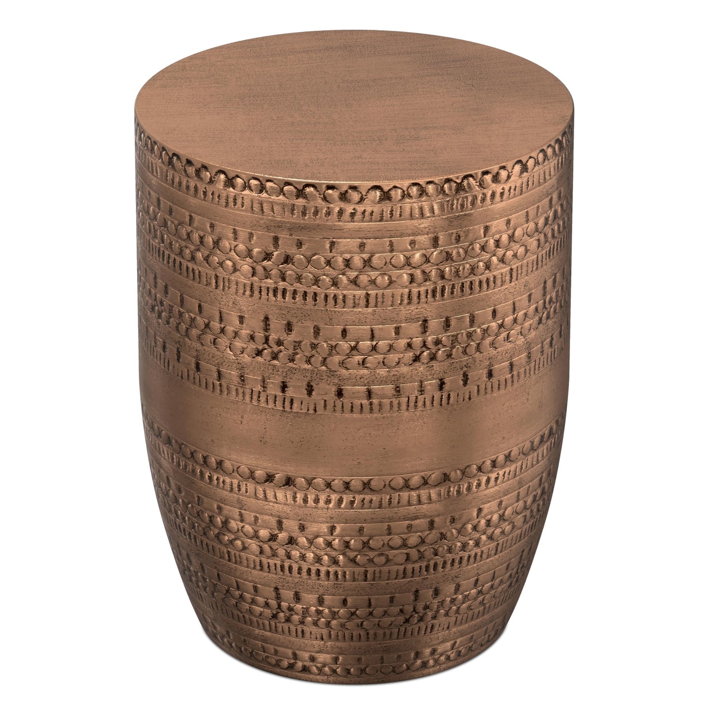 SIMPLIHOME Johnsen Metal Table - 15" Wide x 20" High Solid Iron Drum Accent Table in Antique Copper with Tribal Pattern, Round Boho End Table for Living Room, Bedroom, or Home Office, Fully Assembled