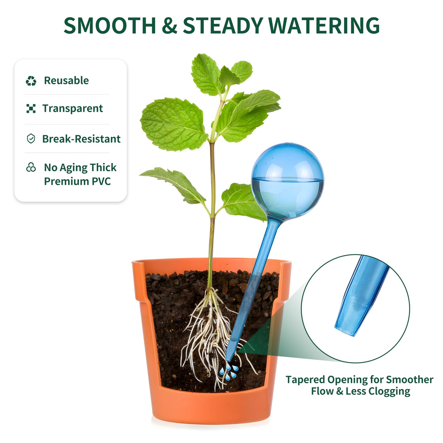 Soilagua 6-Pack Plastic Small Plant Watering Globes, Premium PVC Shatter-Resistant Plant Waterer, Self Watering Planter Insert with Tapered Opening, Automatic Watering Spikes for Daily & Vacation
