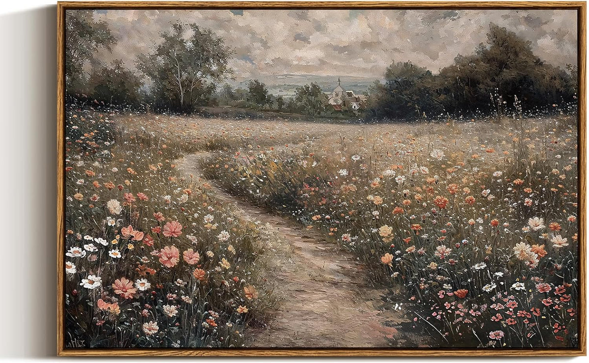 VIYYIEA Framed Canvas Wall Art Home Decor Vintage Large Landscape Country Wildflower Paintings Farmhouse Pictures Floral Artwork Rustic Flower Prints Cottagecore Living Room Bedroom Bathroom 20x30in