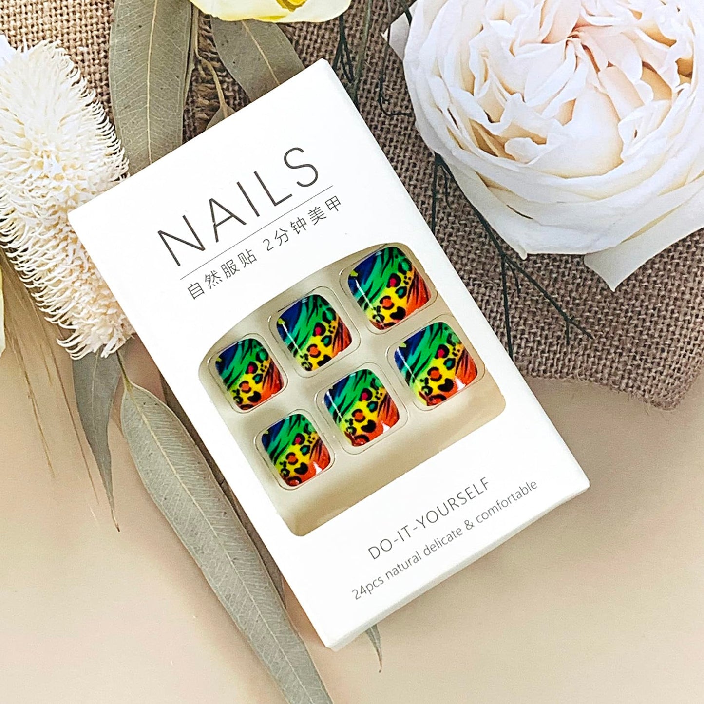 FIEONCIY 24Pcs Press-on Square Acrylic False Nails with Charms, Spring/Summer French Style, Colorful Leopard Pattern, Glue on Toe Nails for Women Girls