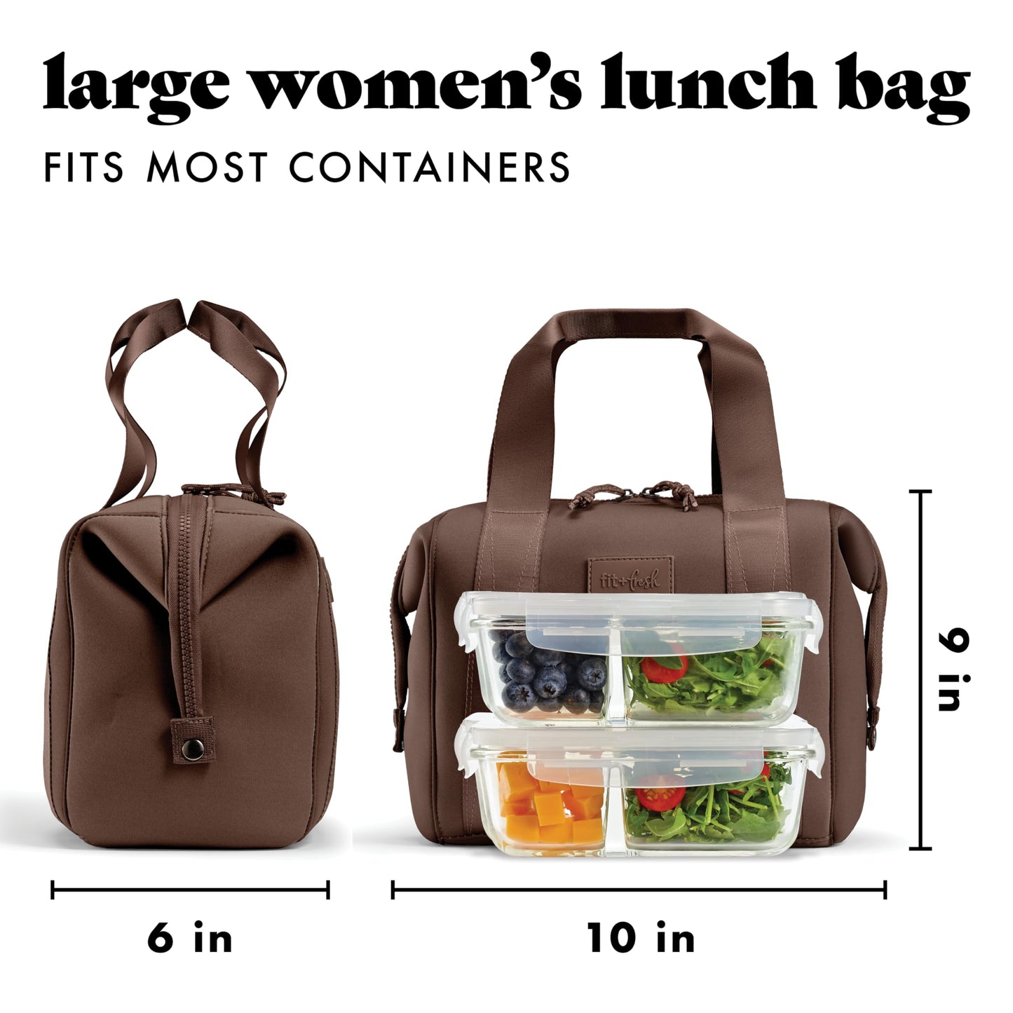 Fit & Fresh Remi Lunch Bag for Women Work – Neoprene Lunch Tote with Containers & Ice Pack, Reusable Meal Prep Lunch Box, Large Capacity, Machine Washable, Chocolate
