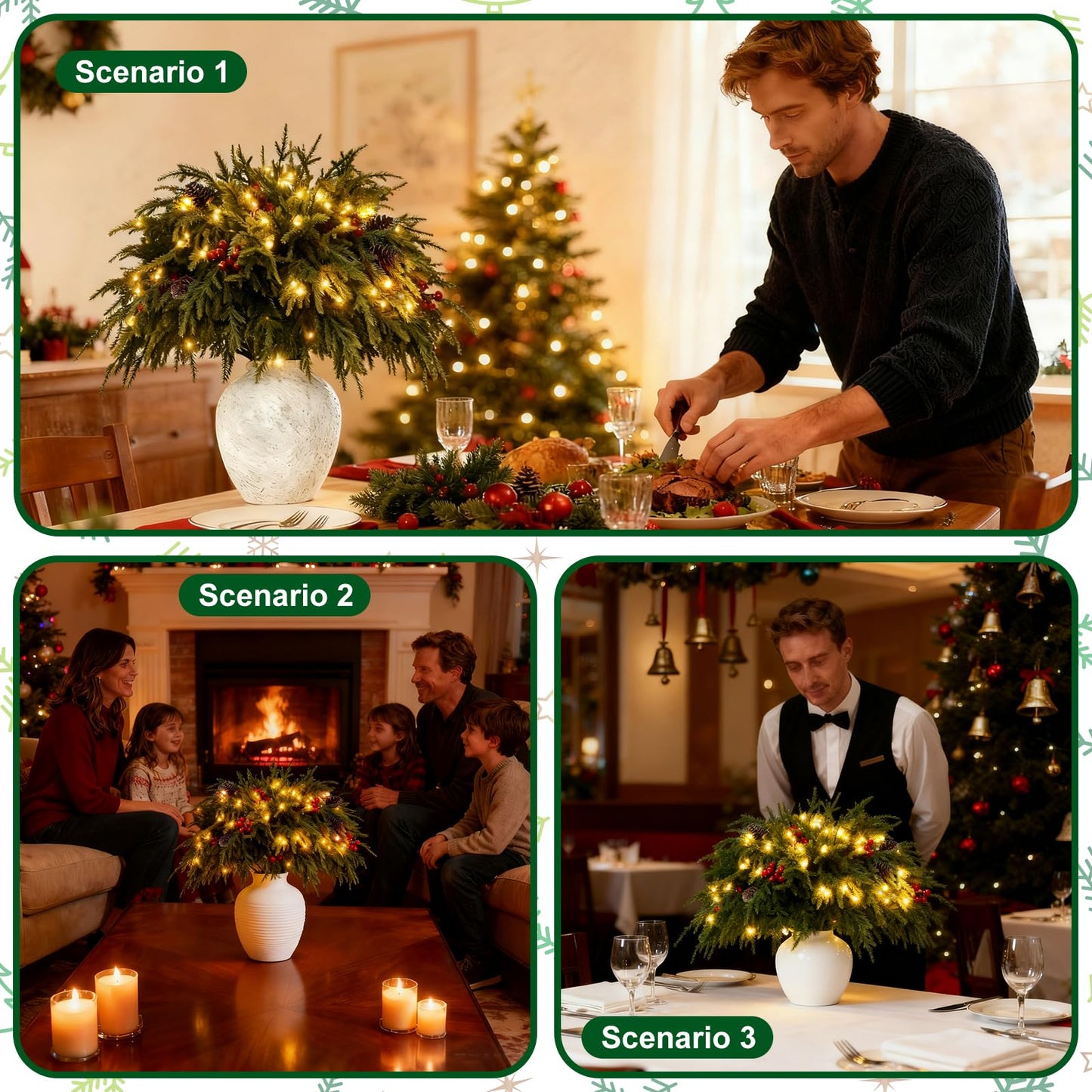 NAYODEUS 22Pcs 23inch Christmas Norfolk Pine Branches, with a Branch stem lamp. Artificial Green Norfolk Pine Branch Plume, Suitable for DIY Handmade Wreaths and Home Decoration(with Light Strip).