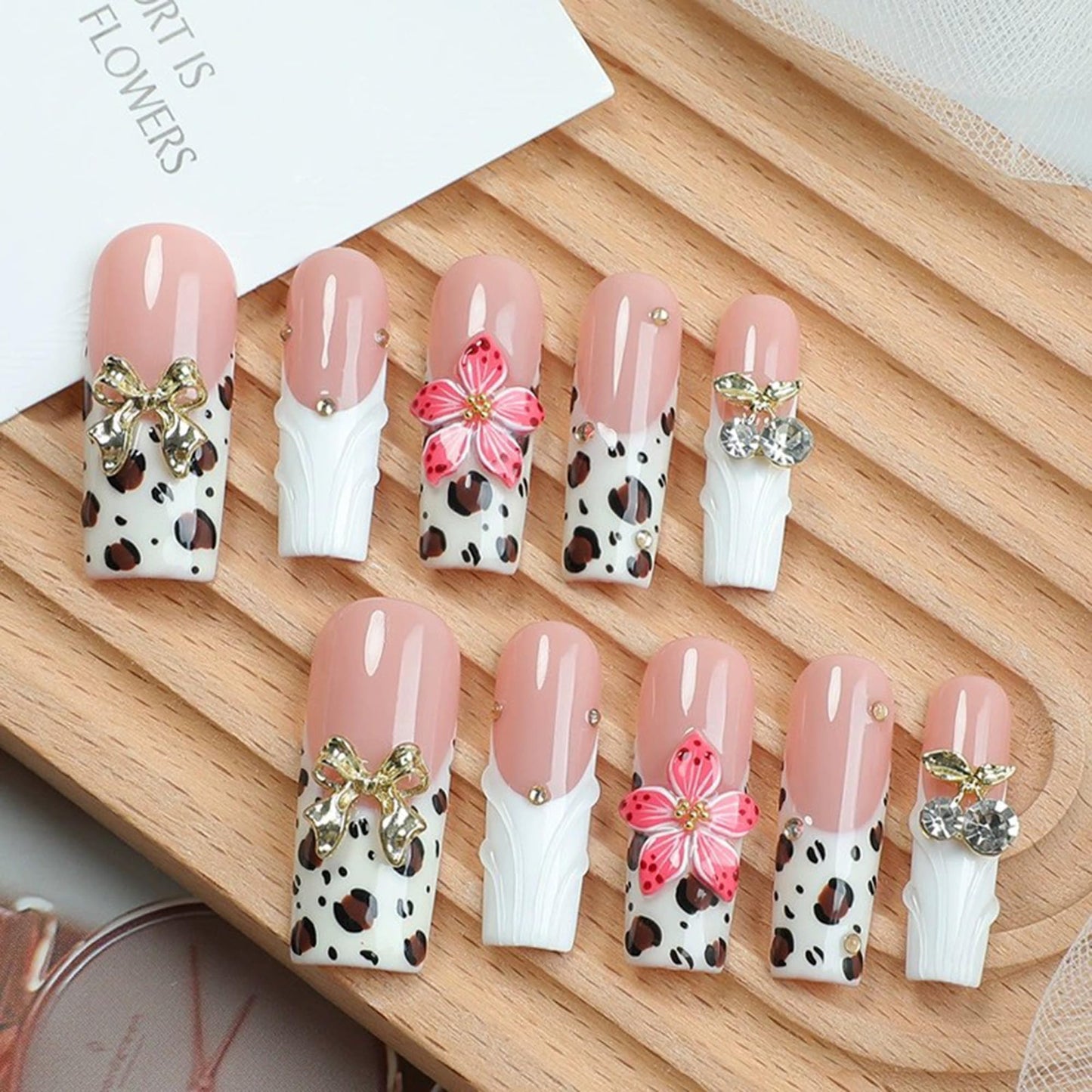 Handmade Press On Nails - White French Tip Press on Nails Long Square Fake Nails with 3D Flower and Rhinestones Bow Designs Long Acrylic Sparkly False Nails for Women Nails DIY 10Pcs(Size M)