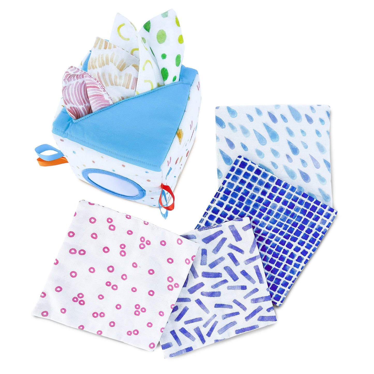 Quiggly Soft Fabric Tissue Box Toy for Babies- Montessori Sensory Development Toy for 6-12 Month Olds - 100% Cotton, Crinkle Tissues, Ribbon Details, Safety Mirror- Ideal for Infant Gross Motor Skills