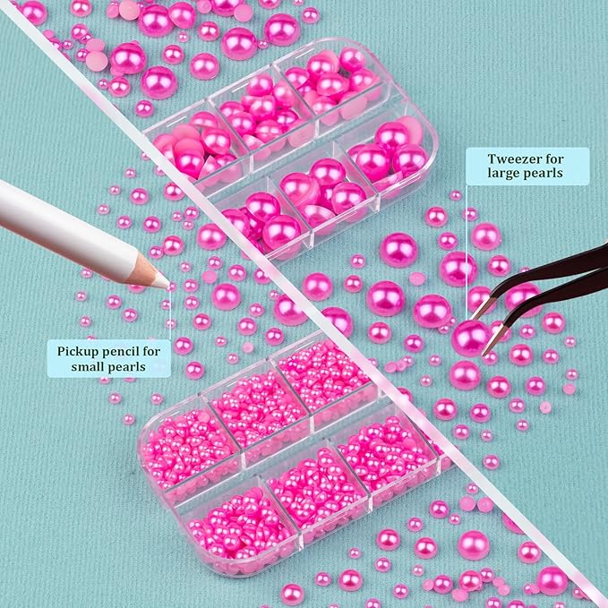 4 Boxes Flat Back Pearls Kit 12 Flatback Peach Half Round Pearls 3-10mm with Pickup Pencil and Tweezer for Home DIY and Professional Nail Art, Face Makeup and Craft